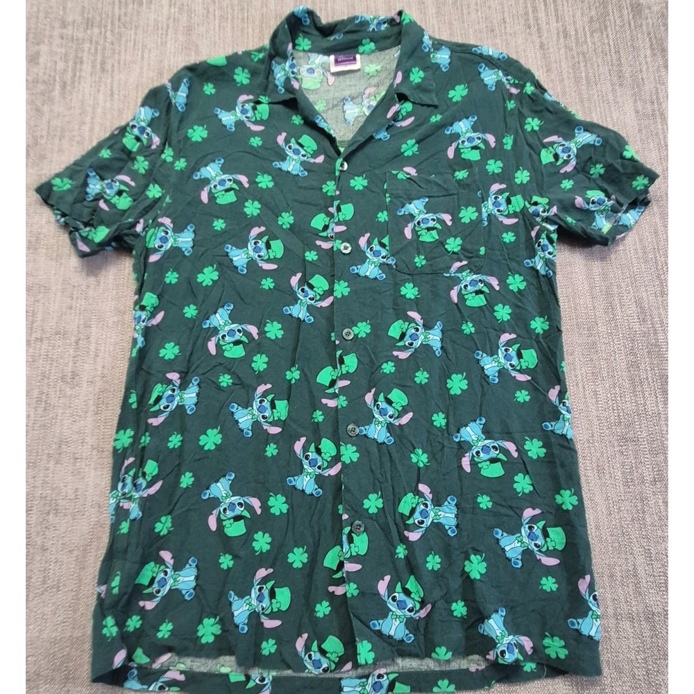 Disney Stitch St. Patrick's Day Hawaiian Shirt Men's M Green Button Up Pocket